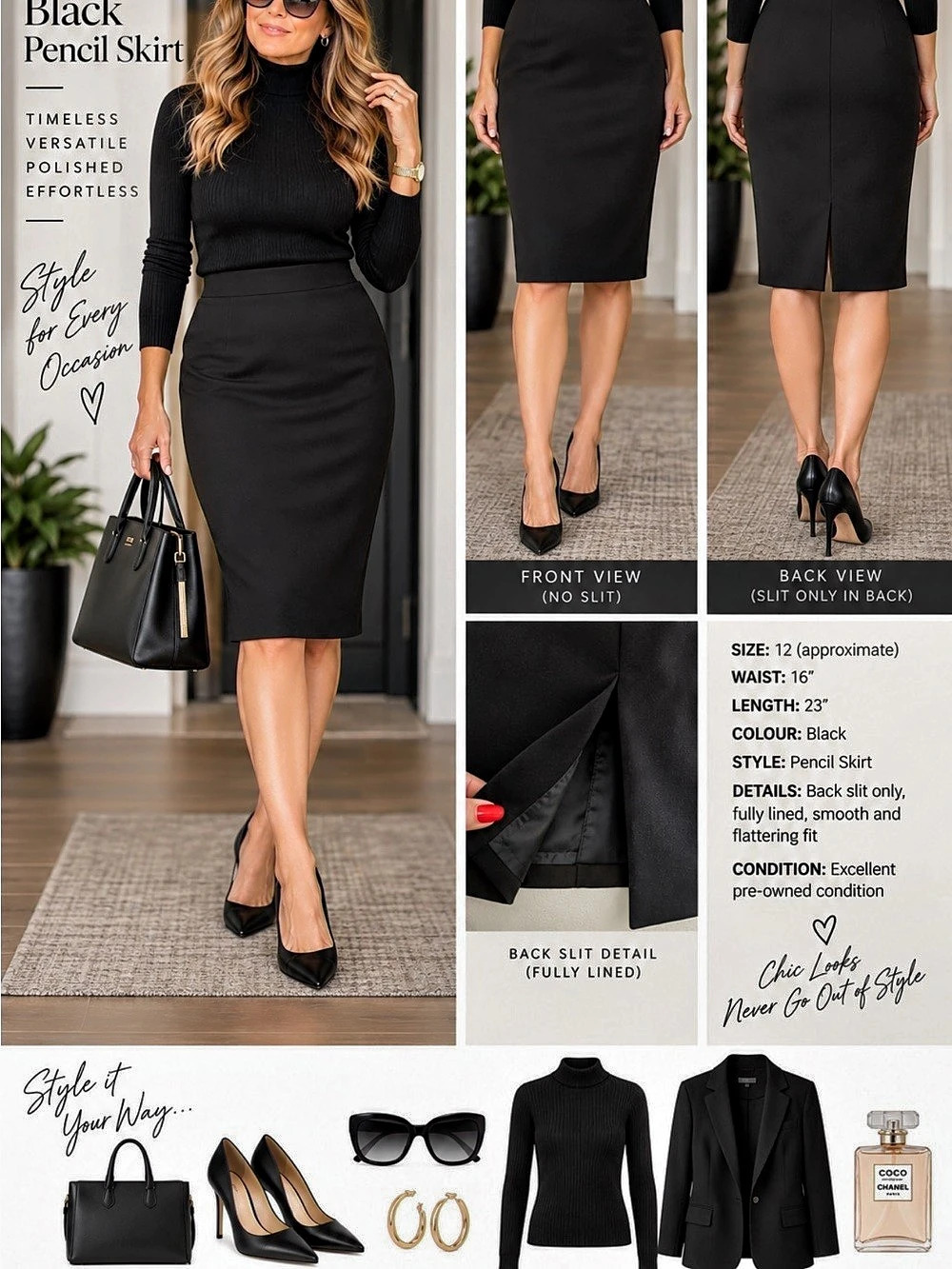 16” w Black Pencil Skirt Size 12 Like New